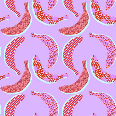 Moda tekstil ürünleri, ambalaj kağıtları, kumaşlar, çarşaflar, çocuk giysileri ve parti aksesuarları için yaz meyvesiz muz deseni. Yüksek kaliteli illüstrasyon