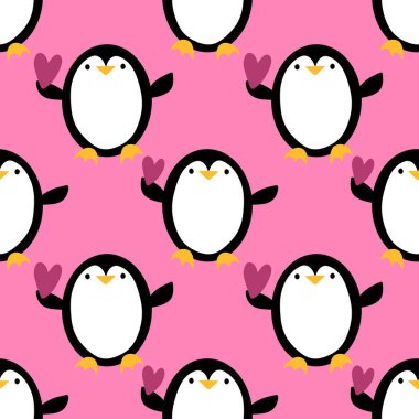 Sevgililer Günü aşkının kalbi pürüzsüz 14 Şubat pengueni desenli paketleme kağıdı, kumaş ve çocuk giysileri baskısı kış partisi aksesuarları ve moda tekstili. Yüksek kaliteli illüstrasyon