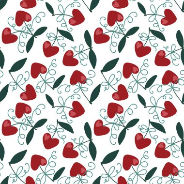 Sevgililer Günü aşkının kalbinde 14 Şubat 'ta kağıt, kumaş, çocuk giysisi baskısı kış partisi aksesuarları ve moda tekstili için kusursuz kiraz deseni vardır. Yüksek kaliteli illüstrasyon