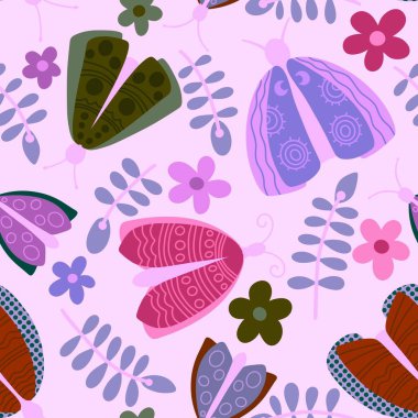 Yaz hayvanları kağıt, kumaş, çarşaf ve çocuk giysileri ve parti aksesuarları için kusursuz güve ve ve kelebek desenleri. Yüksek kaliteli illüstrasyon