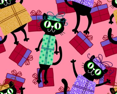Doğum günü hayvanları kağıt, kumaş ve çocuk giysileri baskılar, parti ambalajları ve moda tekstili için kusursuz kedi desenleri.