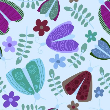 Yaz hayvanları kağıt, kumaş, çarşaf ve çocuk giysileri ve parti aksesuarları için kusursuz güve ve ve kelebek desenleri. Yüksek kaliteli illüstrasyon