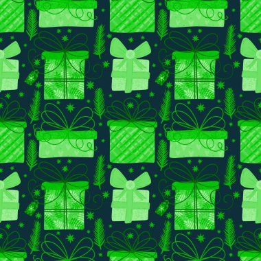 Noel hediyesi paketleri, kumaşlar, çarşaflar, doğum günü paketleri, parti aksesuarları ve çocuk kıyafetleri baskıları için kusursuz kış desenleri. Yüksek kaliteli illüstrasyon