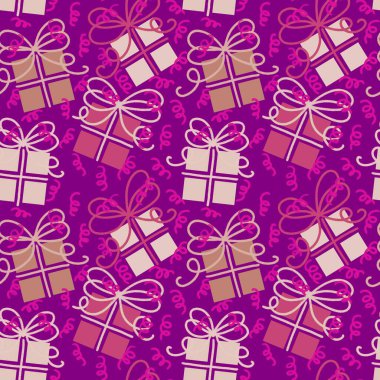 Noel ambalajları, kumaşlar, çocuk giysileri baskısı, parti ambalajları ve moda tekstili için doğum günü partisi kusursuz hediye kutusu deseni. Yüksek kaliteli illüstrasyon