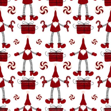 Noel ambalajı, kumaş ve çocuk giysileri baskısı, parti ambalajı ve moda tekstili için kışın kusursuz cüce deseni. Yüksek kaliteli illüstrasyon