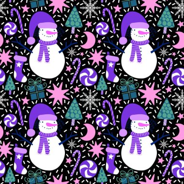 Kumaşlar, tekstil ve ambalajlar, hediyeler, kartlar, çarşaflar ve çocuklar için kusursuz kardan adam deseni.