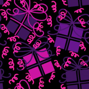 Noel ambalajları, kumaşlar, çocuk giysileri baskısı, parti ambalajları ve moda tekstili için doğum günü partisi kusursuz hediye kutusu deseni. Yüksek kaliteli illüstrasyon