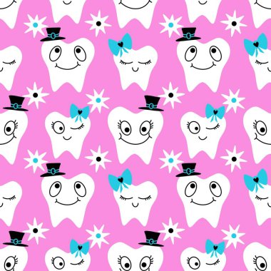 Kağıt, kumaş, çarşaf, çocuk giysisi baskısı, doktor aksesuarları ve eczane ambalajları için tıbbî ve kusursuz diş deseni. Yüksek kalite fotoğraf