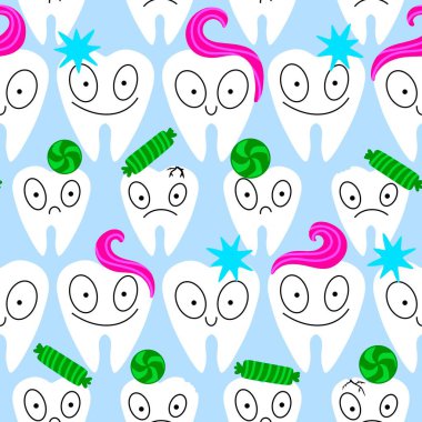 Kağıt, kumaş, çarşaf, çocuk giysisi baskısı, doktor aksesuarları ve eczane ambalajları için tıbbî ve kusursuz diş deseni. Yüksek kalite fotoğraf