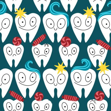 Kağıt, kumaş, çarşaf, çocuk giysisi baskısı, doktor aksesuarları ve eczane ambalajları için tıbbî ve kusursuz diş deseni. Yüksek kalite fotoğraf