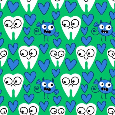 Kağıt, kumaş, çarşaf, çocuk giysisi baskısı, doktor aksesuarları ve eczane ambalajları için tıbbî ve kusursuz diş deseni. Yüksek kalite fotoğraf