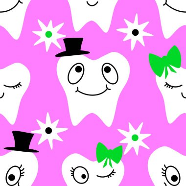 Kağıt, kumaş, çarşaf, çocuk giysisi baskısı, doktor aksesuarları ve eczane ambalajları için tıbbî ve kusursuz diş deseni. Yüksek kalite fotoğraf