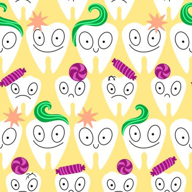 Kağıt, kumaş, çarşaf, çocuk giysisi baskısı, doktor aksesuarları ve eczane ambalajları için tıbbî ve kusursuz diş deseni. Yüksek kalite fotoğraf