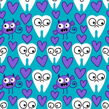 Kağıt, kumaş, çarşaf, çocuk giysisi baskısı, doktor aksesuarları ve eczane ambalajları için tıbbî ve kusursuz diş deseni. Yüksek kalite fotoğraf