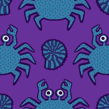 Okyanus hayvanları kağıt, kumaş, çarşaf ve çocuk giysileri baskısı ve yaz partisi aksesuarları için kusursuz yengeç desenleri. Yüksek kalite fotoğraf