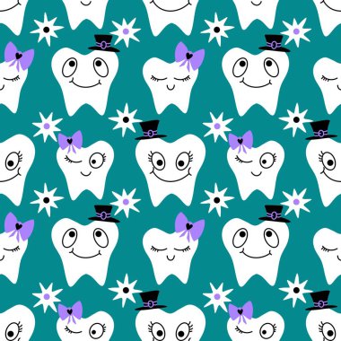 Kağıt, kumaş, çarşaf, çocuk giysisi baskısı, doktor aksesuarları ve eczane ambalajları için tıbbî ve kusursuz diş deseni. Yüksek kalite fotoğraf