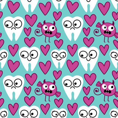 Kağıt, kumaş, çarşaf, çocuk giysisi baskısı, doktor aksesuarları ve eczane ambalajları için tıbbî ve kusursuz diş deseni. Yüksek kalite fotoğraf