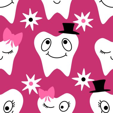 Kağıt, kumaş, çarşaf, çocuk giysisi baskısı, doktor aksesuarları ve eczane ambalajları için tıbbî ve kusursuz diş deseni. Yüksek kalite fotoğraf