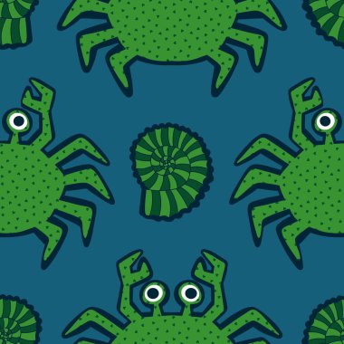 Okyanus hayvanları kağıt, kumaş, çarşaf ve çocuk giysileri baskısı ve yaz partisi aksesuarları için kusursuz yengeç desenleri. Yüksek kalite fotoğraf