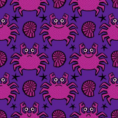 Okyanus hayvanları kağıt, kumaş, çarşaf ve çocuk giysileri baskısı ve yaz partisi aksesuarları için kusursuz yengeç desenleri. Yüksek kalite fotoğraf