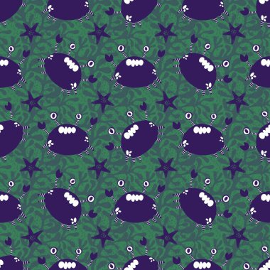 Okyanus hayvanları kağıt, kumaş, çarşaf ve çocuk giysileri baskısı ve yaz partisi aksesuarları için kusursuz yengeç desenleri. Yüksek kalite fotoğraf