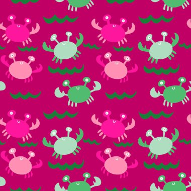 Okyanus hayvanları kağıt, kumaş, çarşaf ve çocuk giysileri baskısı ve yaz partisi aksesuarları için kusursuz yengeç desenleri. Yüksek kalite fotoğraf