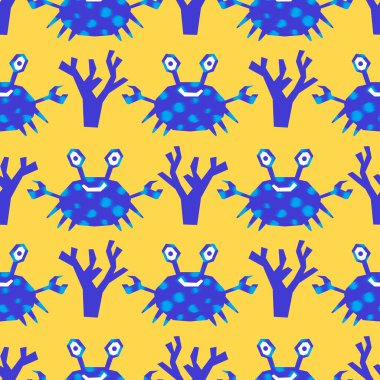 Okyanus hayvanları kağıt, kumaş, çarşaf ve çocuk giysileri baskısı ve yaz partisi aksesuarları için kusursuz yengeç desenleri. Yüksek kalite fotoğraf