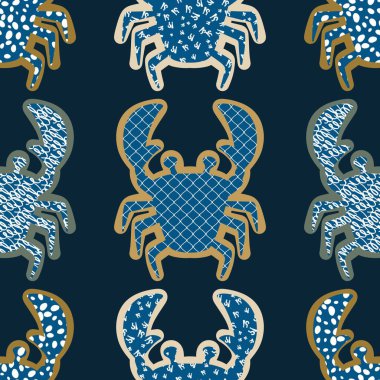 Okyanus hayvanları kağıt, kumaş, çarşaf ve çocuk giysileri baskısı ve yaz partisi aksesuarları için kusursuz yengeç desenleri. Yüksek kalite fotoğraf