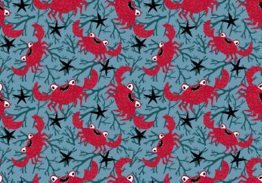 Okyanus hayvanları kağıt, kumaş, çarşaf ve çocuk giysileri baskısı ve yaz partisi aksesuarları için kusursuz yengeç desenleri. Yüksek kalite fotoğraf