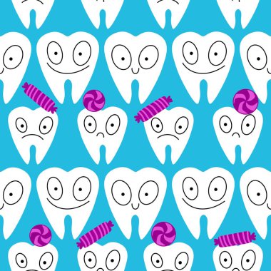 Kağıt, kumaş, çarşaf, çocuk giysisi baskısı, doktor aksesuarları ve eczane ambalajları için tıbbî ve kusursuz diş deseni. Yüksek kalite fotoğraf