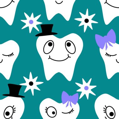 Kağıt, kumaş, çarşaf, çocuk giysisi baskısı, doktor aksesuarları ve eczane ambalajları için tıbbî ve kusursuz diş deseni. Yüksek kalite fotoğraf