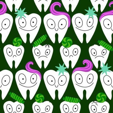 Kağıt, kumaş, çarşaf, çocuk giysisi baskısı, doktor aksesuarları ve eczane ambalajları için tıbbî ve kusursuz diş deseni. Yüksek kalite fotoğraf