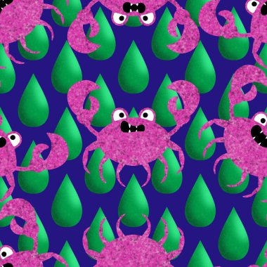 Okyanus hayvanları kağıt, kumaş, çarşaf ve çocuk giysileri baskısı ve yaz partisi aksesuarları için kusursuz yengeç desenleri. Yüksek kalite fotoğraf