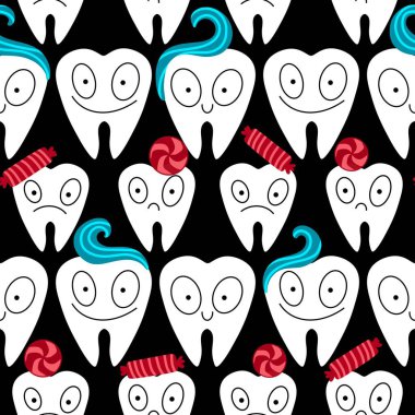 Kağıt, kumaş, çarşaf, çocuk giysisi baskısı, doktor aksesuarları ve eczane ambalajları için tıbbî ve kusursuz diş deseni. Yüksek kalite fotoğraf