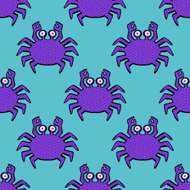 Okyanus hayvanları kağıt, kumaş, çarşaf ve çocuk giysileri baskısı ve yaz partisi aksesuarları için kusursuz yengeç desenleri. Yüksek kalite fotoğraf