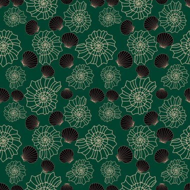 Kağıt, kumaş, çarşaf, çocuk giysisi baskısı ve plaj partisi aksesuarları için kusursuz deniz kabuğu deseni. Yüksek kaliteli illüstrasyon