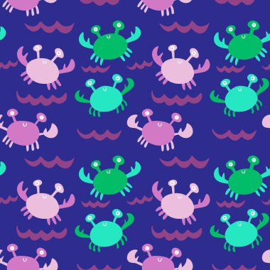 Okyanus hayvanları kağıt, kumaş, çarşaf ve çocuk giysileri baskısı ve yaz partisi aksesuarları için kusursuz yengeç desenleri. Yüksek kalite fotoğraf