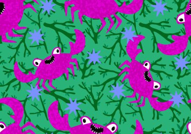 Okyanus hayvanları kağıt, kumaş, çarşaf ve çocuk giysileri baskısı ve yaz partisi aksesuarları için kusursuz yengeç desenleri. Yüksek kalite fotoğraf