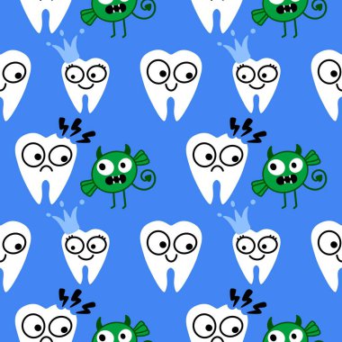 Kağıt, kumaş, çarşaf, çocuk giysisi baskısı, doktor aksesuarları ve eczane ambalajları için tıbbî ve kusursuz diş deseni. Yüksek kalite fotoğraf