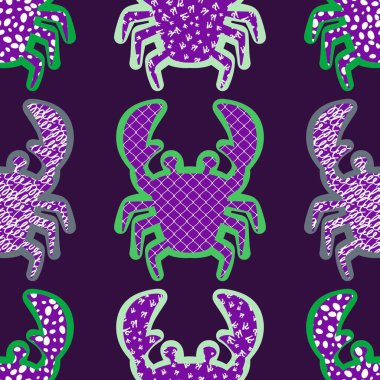 Okyanus hayvanları kağıt, kumaş, çarşaf ve çocuk giysileri baskısı ve yaz partisi aksesuarları için kusursuz yengeç desenleri. Yüksek kalite fotoğraf