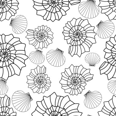 Kağıt, kumaş, çarşaf, çocuk giysisi baskısı ve plaj partisi aksesuarları için kusursuz deniz kabuğu deseni. Yüksek kaliteli illüstrasyon