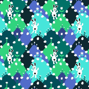 Paskalya yumurtaları, dikişsiz tavşanların kulakları kağıt, kumaş, çarşaf ve çocuk kıyafetleri ve bahar partisi aksesuarları için desenli. Yüksek kaliteli illüstrasyon