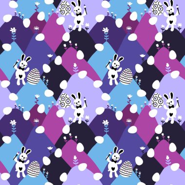 Paskalya yumurtaları, dikişsiz tavşanların kulakları kağıt, kumaş, çarşaf ve çocuk kıyafetleri ve bahar partisi aksesuarları için desenli. Yüksek kaliteli illüstrasyon