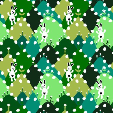 Paskalya yumurtaları, dikişsiz tavşanların kulakları kağıt, kumaş, çarşaf ve çocuk kıyafetleri ve bahar partisi aksesuarları için desenli. Yüksek kaliteli illüstrasyon