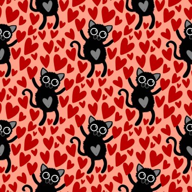 Hayvanlar, kağıt, kumaş, çocuk giysisi baskısı ve 14 Şubat parti aksesuarları için kusursuz kedi ve kalp desenleri. Yüksek kalite fotoğraf
