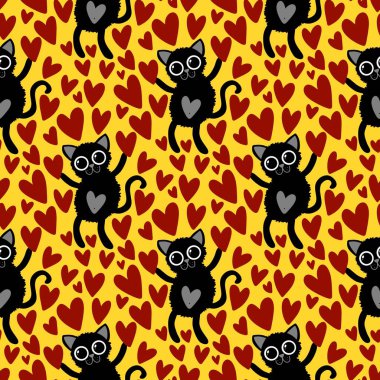 Hayvanlar, kağıt, kumaş, çocuk giysisi baskısı ve 14 Şubat parti aksesuarları için kusursuz kedi ve kalp desenleri. Yüksek kalite fotoğraf