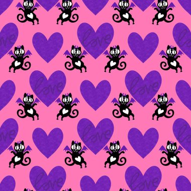 Hayvanlar, kağıt, kumaş, çocuk giysisi baskısı ve 14 Şubat parti aksesuarları için kusursuz kedi ve kalp desenleri. Yüksek kalite fotoğraf
