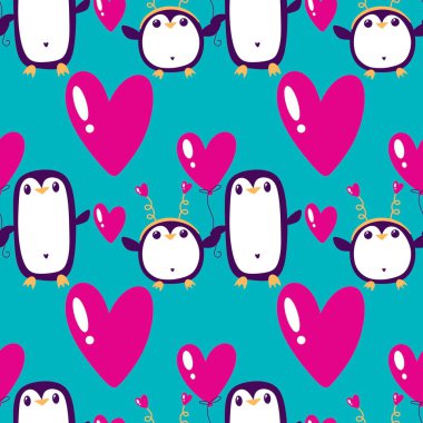 Sevgililer Günü 'nde, 14 Şubat' ta ambalaj kağıdı, çocuk kıyafetleri ve kış partisi aksesuarları için kusursuz bir penguen ve kalp deseni olan sevimli hayvanlar. Yüksek kaliteli illüstrasyon