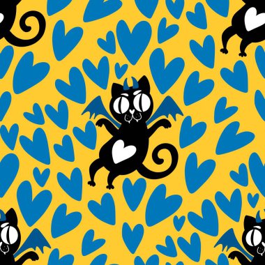 Hayvanlar, kağıt, kumaş, çocuk giysisi baskısı ve 14 Şubat parti aksesuarları için kusursuz kedi ve kalp desenleri. Yüksek kalite fotoğraf