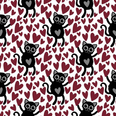 Hayvanlar, kağıt, kumaş, çocuk giysisi baskısı ve 14 Şubat parti aksesuarları için kusursuz kedi ve kalp desenleri. Yüksek kalite fotoğraf